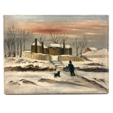 Old Folk Art Oil on Canvas Painting of Intrepid Figure and Dog in Snow