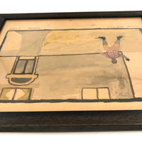 Playing Baseball, Marvelous Naive Watercolor Drawing Signed Thomas Dunn