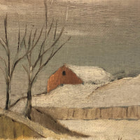 Old Folk Art Oil on Canvas Painting of Intrepid Figure and Dog in Snow