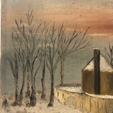 Old Folk Art Oil on Canvas Painting of Intrepid Figure and Dog in Snow