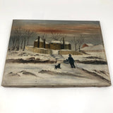 Old Folk Art Oil on Canvas Painting of Intrepid Figure and Dog in Snow