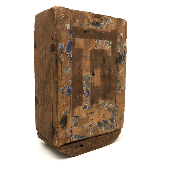 Very Old Wooden "E" Box with Blue Paper Remnants and Fat Hand-forged Nails