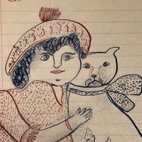 Girl with Cat, Mid-Late 1800s' Colored Ink Folk Art Drawing by Wayne B. Blouch, Lancaster, PA