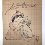 Girl with Cat, Mid-Late 1800s' Colored Ink Folk Art Drawing by Wayne B. Blouch, Lancaster, PA