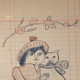 Girl with Cat, Mid-Late 1800s' Colored Ink Folk Art Drawing by Wayne B. Blouch, Lancaster, PA