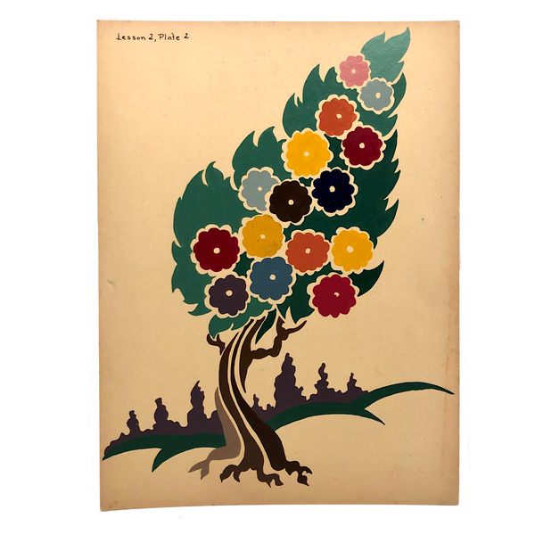 Decorative Gouache Fireside Studios "Practice Board" Flower Tree Painting, 1935
