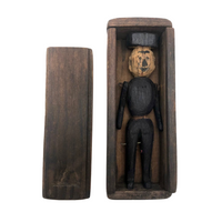Old Carved, Jointed Folk Art Man Stabbed in Leg in Coffin Box