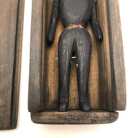 Old Carved, Jointed Folk Art Man Stabbed in Leg in Coffin Box
