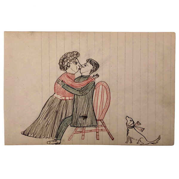 Kissing Couple,  Mid-Late 1800s' Colored Ink Folk Art Drawing by Wayne B. Blouch, Lancaster, PA