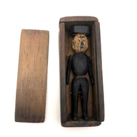 Old Carved, Jointed Folk Art Man Stabbed in Leg in Coffin Box