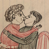 Kissing Couple,  Mid-Late 1800s' Colored Ink Folk Art Drawing by Wayne B. Blouch, Lancaster, PA