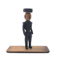 Old Carved, Jointed Folk Art Man Stabbed in Leg in Coffin Box