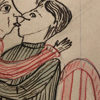 Kissing Couple,  Mid-Late 1800s' Colored Ink Folk Art Drawing by Wayne B. Blouch, Lancaster, PA