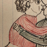 Kissing Couple,  Mid-Late 1800s' Colored Ink Folk Art Drawing by Wayne B. Blouch, Lancaster, PA