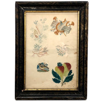 SOLD Lovely Antique Watercolor with Six Theorem Sketches - Shells, Harp, Birds, Pears