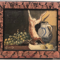 Signed Oil on Wood Still Life with Fruit, Jug, and Hare