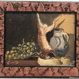 Signed Oil on Wood Still Life with Fruit, Jug, and Hare