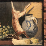 Signed Oil on Wood Still Life with Fruit, Jug, and Hare
