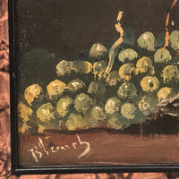 Signed Oil on Wood Still Life with Fruit, Jug, and Hare