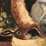 Signed Oil on Wood Still Life with Fruit, Jug, and Hare