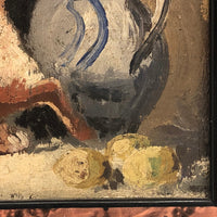 Signed Oil on Wood Still Life with Fruit, Jug, and Hare