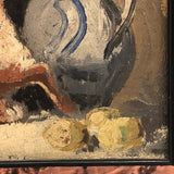 Signed Oil on Wood Still Life with Fruit, Jug, and Hare