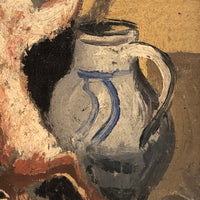 Signed Oil on Wood Still Life with Fruit, Jug, and Hare