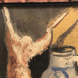 Signed Oil on Wood Still Life with Fruit, Jug, and Hare