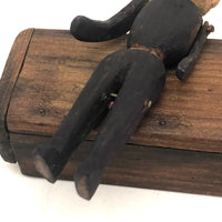 Old Carved, Jointed Folk Art Man Stabbed in Leg in Coffin Box