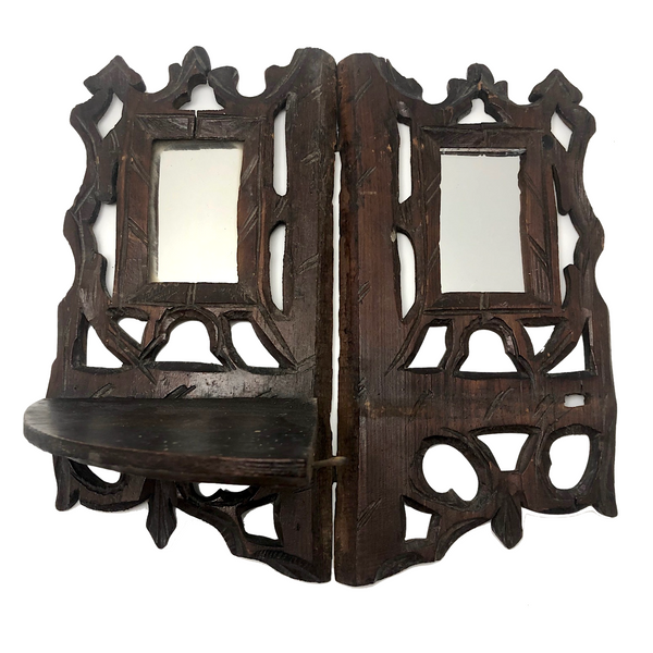 Folky Hand-carved Antique Corner Shelf with Mirrors