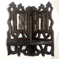 Folky Hand-carved Antique Corner Shelf with Mirrors