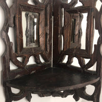 Folky Hand-carved Antique Corner Shelf with Mirrors