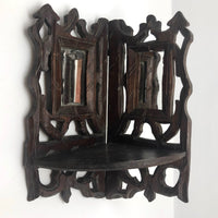 Folky Hand-carved Antique Corner Shelf with Mirrors