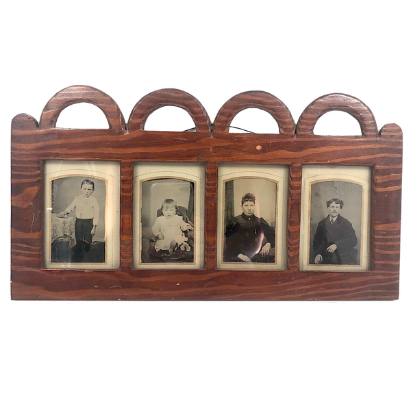 Folky Antique Hand-carved Quadruple Tin Type Frame