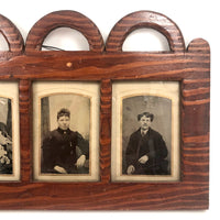 Folky Antique Hand-carved Quadruple Tin Type Frame