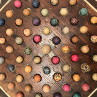 Wonderful Antique Handmade 65 Hole Marble Solitaire Gameboard with Clay Marbles