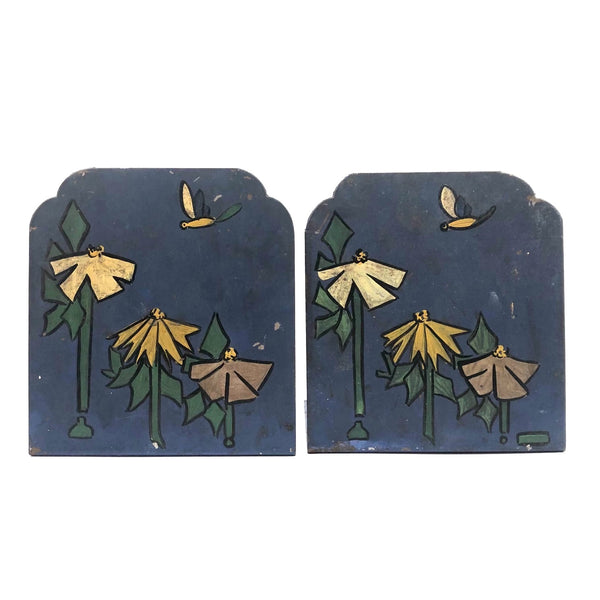 Vintage Metal Bookends with Hand-painted Flowers and Butterfly