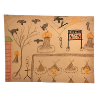 Kid Made Halloween Drawing with Cats and Bats in Tree, Tepees and More!