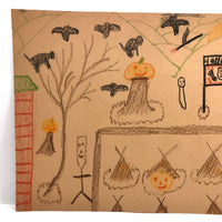 Kid Made Halloween Drawing with Cats and Bats in Tree, Tepees and More!