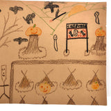 Kid Made Halloween Drawing with Cats and Bats in Tree, Tepees and More!