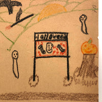 Kid Made Halloween Drawing with Cats and Bats in Tree, Tepees and More!