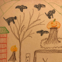 Kid Made Halloween Drawing with Cats and Bats in Tree, Tepees and More!