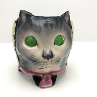 Porcelain Cat Face Votive / Lantern with Glowing Green Marble Eyes