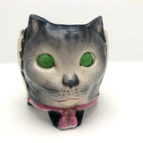 Porcelain Cat Face Votive / Lantern with Glowing Green Marble Eyes