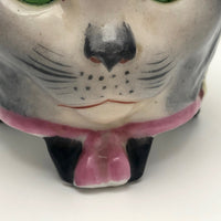 Porcelain Cat Face Votive / Lantern with Glowing Green Marble Eyes