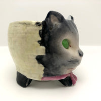 Porcelain Cat Face Votive / Lantern with Glowing Green Marble Eyes