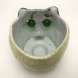 Porcelain Cat Face Votive / Lantern with Glowing Green Marble Eyes