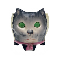 Porcelain Cat Face Votive / Lantern with Glowing Green Marble Eyes