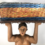 Wonderful Large Carved Folk Art Muscleman Holding Basket Overhead