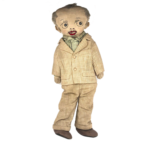 Fantastic American Folk Art Doll with Mustache, Goatee, and Striped Linen Suit
